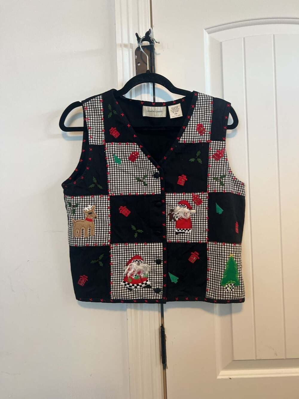 Lemon Grass Christmas Vest Size PM Black Gingham Santa Patch